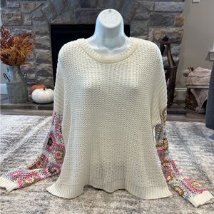 Boutique Cream Sweater with Multicolor Sleeves